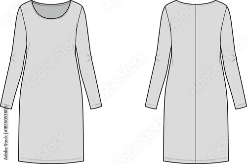 Women simple long sleeve midi dress vector illustration, front and back view minimal fashion flat design
