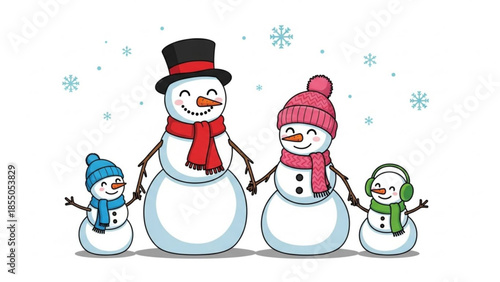 Four cheerful snowmen wearing hats and scarves standing together in winter