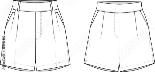 Women tailored shorts vector illustration, front and back view casual fashion flat technical design sketch