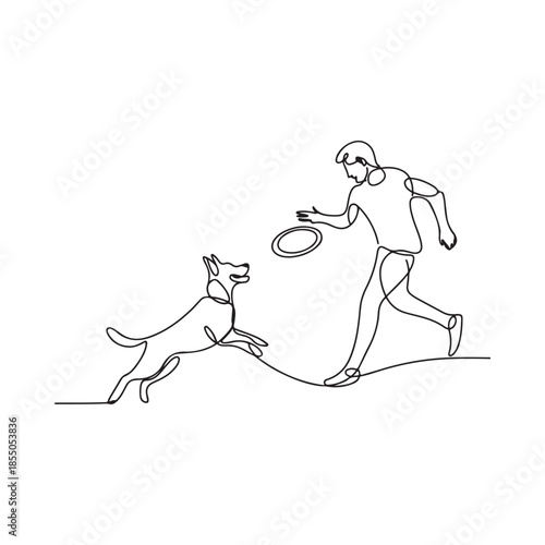 A man throwing a frisbee to his running dog minimalist line art style