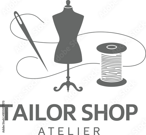 Tailor shop atelier logo design with mannequin needle and thread, elegant black and white fashion sewing brand identity