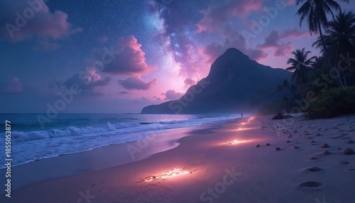 Cosmic beach scene with glowing sand at dusk. Milky Way galaxy visible in colorful starry sky above calm ocean waves and tropical palm trees. Distant figure walks along shore.