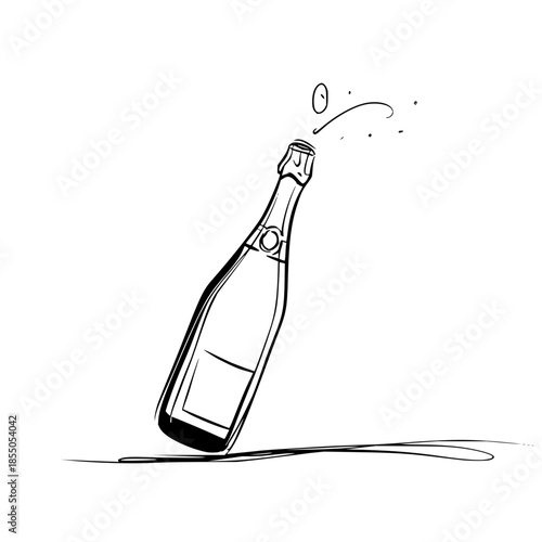 A sketch of a champagne bottle being opened with the cork flying out in a celebratory manner shown
