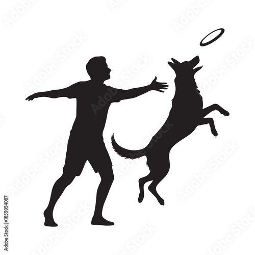 A man and his dog joyfully playing fetch in a silhouette style