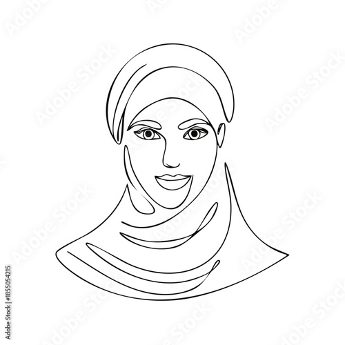 Elegant Woman in Hijab - Minimalist Line Art Portrait, Muslim Woman Beauty and Simplicity