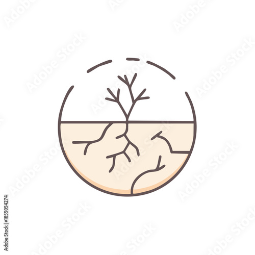 Arid Land Icon: Dry Soil and Dead Tree Branch Representing Drought Conditions in a Simple Round Graphic