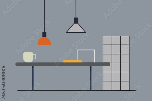 A Modern Workspace with Concrete Desk and Wire Mesh