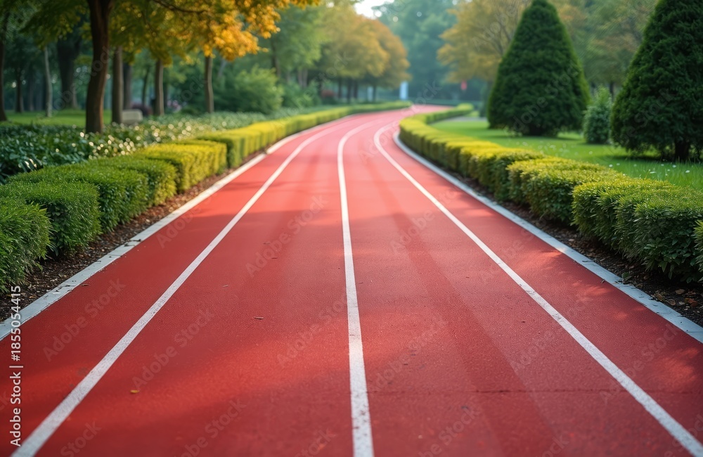 Obraz premium Empty red running track with white lane lines curves through park setting with trimmed green hedges, mature trees. This athletic path is ready for racers, walkers, or joggers seeking outdoor exercise.