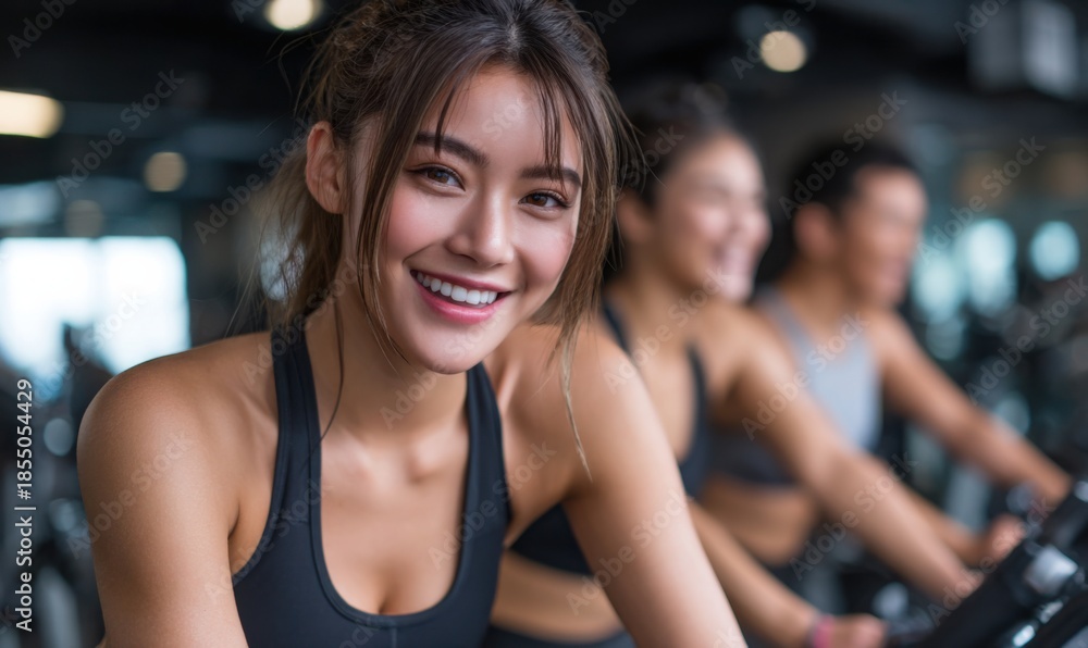 Fototapeta premium three women smiling and working out on spinning exercise bikes