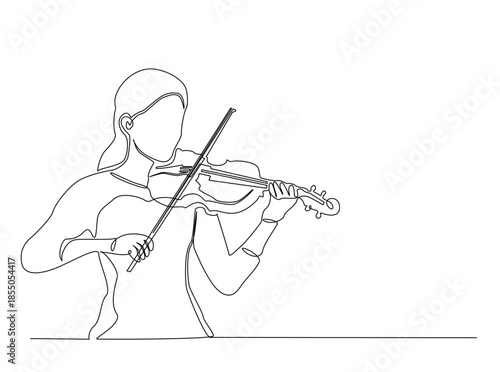 Continuous Line Drawing of a young woman playing a violin with a bow.