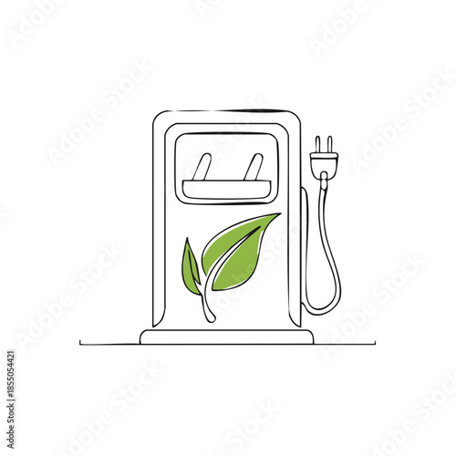 Electric Vehicle Charging Station Continuous Line Art with Green Leaf Symbol for Eco Friendly Energy
