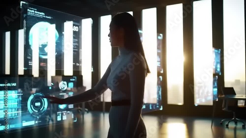 Woman Interacting with Futuristic Holographic Interface in Modern Office.