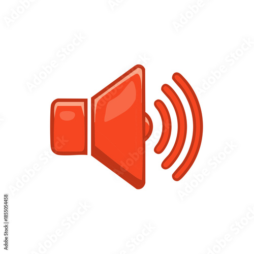 Vibrant Red Speaker Icon Emitting Sound Waves Cartoon Graphic Indicating Audio Output Volume