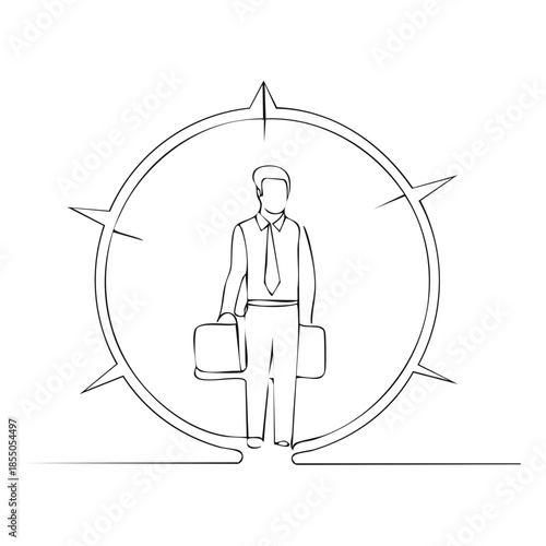 Line Art: Man with Briefcase in Compass; Business Direction, Goal Achievement