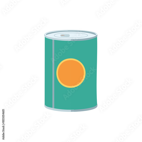 Canned food illustration with a teal container and an orange label. Packaging design for food product merchandise.