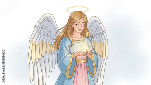 Blonde angel with white wings and gold halo holding a star in her hands wearing blue robe and pink dress