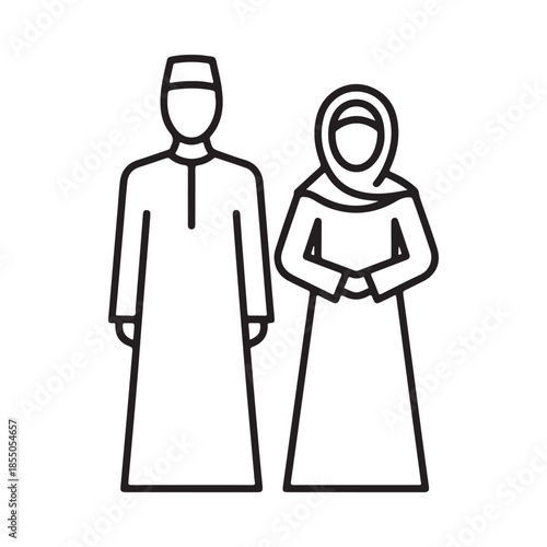 Simple line art illustration of a muslim couple standing side by side