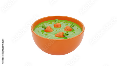 3D Cute cartoon carrots in green soup in an orange bowl on transparent background