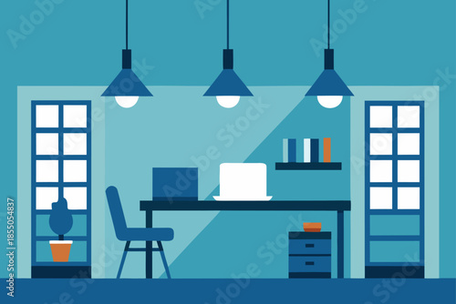 Modern Loft Office with Open Shelving and Pendant Light