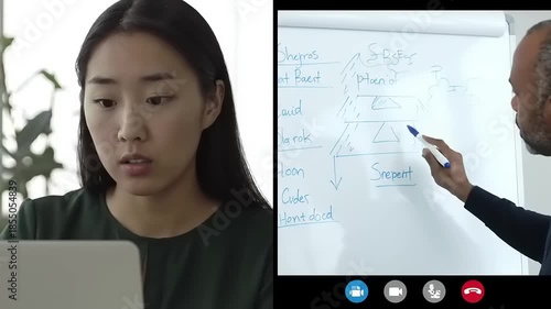 Young Asian Woman Engaged in Online Video Call with Male Instructor.