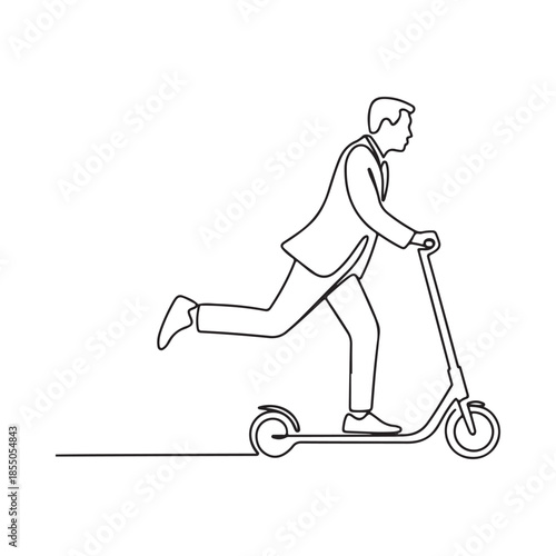 A man in a suit swiftly riding a scooter in a continuous line drawing