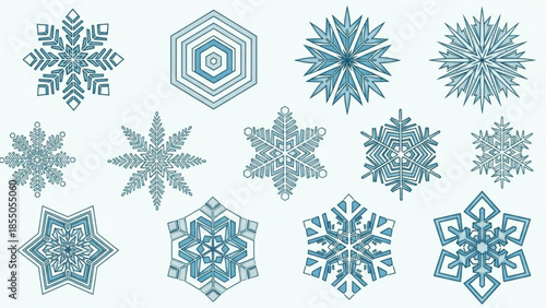 Collection of intricately designed blue and white snowflakes on white background for winter designs