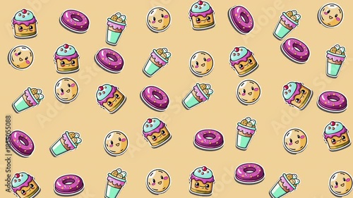 Aesthetic pattern of donuts, cookies, drinks, and cakes. Perfect for food blogs, menus, and bakery advertisements. Great for design projects.