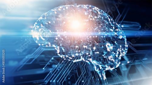 Artificial intelligence concept image featuring a glowing digital brain, representing advanced technology, innovation, and futuristic neural networks.