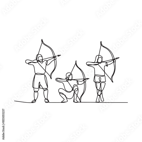 Archery practice a continuous line drawing of three archers in action