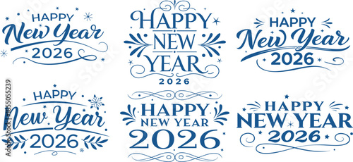 Elegant new year 2026 lettering with sparkle fireworks in blue color and black on transparent background