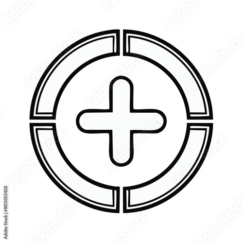 Medical Plus Symbol in Circle Divided into Four Sections Outline Vector Illustration
