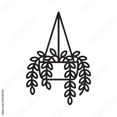 Simple line drawing of a hanging plant in a woven pot