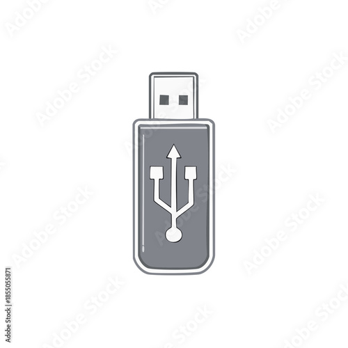 Grey USB Flash Drive Vector Illustration with Connector and Universal Serial Bus Logo for Data Storage and Transfer