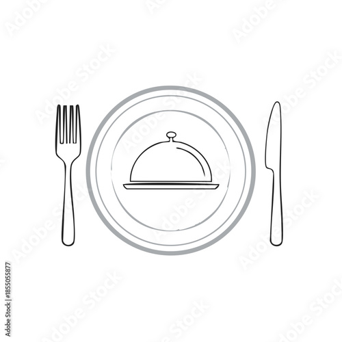 Elegant minimalist line art place setting drawing featuring a covered dish for culinary presentation and menu graphic designs