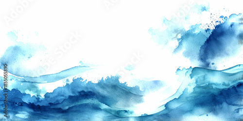 Soft blue watercolor abstract background with layered flowing waves, cloudy textures, gentle gradients and white space, featuring hand-painted sea wave illustration on white backdrop