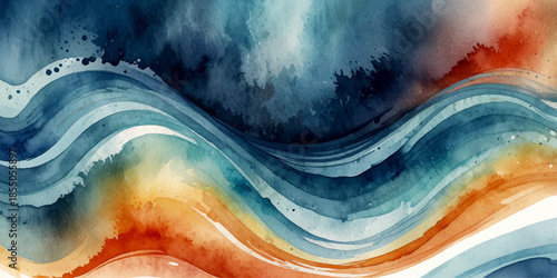 Blue watercolor abstract wave background featuring layered flowing sea waves, soft cloudy textures, smooth gradients and hand-painted ocean illustration on white backdrop