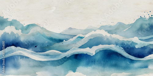 Abstract soft blue watercolor ocean background with layered flowing waves, cloudy textures and gentle gradients, hand-painted sea wave creating calm artistic design
