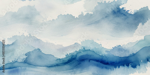 Soft blue watercolor abstract sea background with layered flowing waves, cloudy textures and gentle gradients, hand-painted wave illustration forming calm artistic stain backdrop