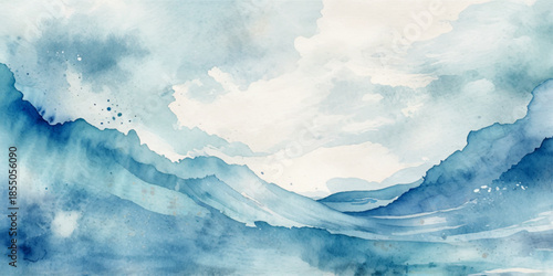 Soft blue watercolor abstract sea background with layered flowing waves, cloudy textures and gentle gradients, hand-painted wave illustration forming calm artistic stain backdrop