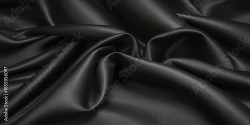 Elegant Luxurious Black Satin Silk Fabric with Smooth Wavy Curves, Flowing Folds, and Soft Highlights Forming a Premium Abstract Textile Background