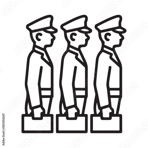 Line of soldiers in uniform depicted as a simple black and white illustration
