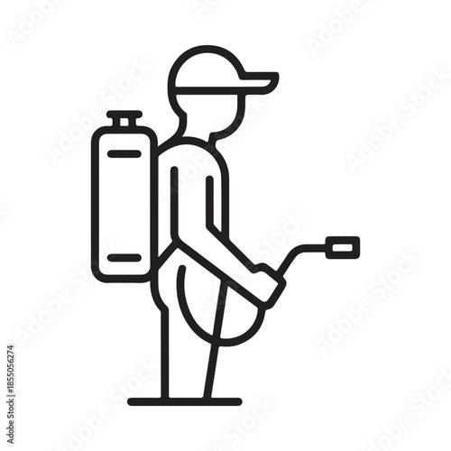 Line art illustration of a worker using a spraying device on their back