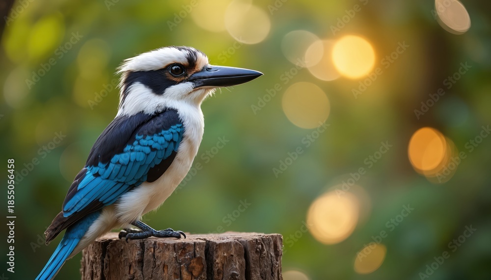 Obraz premium Blue-winged kookaburra sits on wooden stump. Bird has white black and blue feathers. Green forest background with bokeh lights. Natural wildlife portrait.