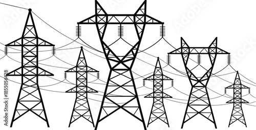 Electric power transmission towers illustration, high voltage pylons with overhead lines, energy grid infrastructure, black line art vector design