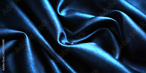 Abstract Luxurious blue Satin or Silk Fabric Background Featuring Smooth Wavy Curves, Flowing Folds, Soft Highlights, and Elegant Textile Texture