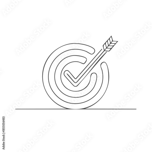 Arrow hitting target with check mark in center, minimal line art business success concept