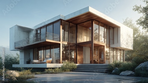 New home construction of a luxury residential building featuring a modern wood facade and glass windows nestled in a serene forest under a bright morning sky