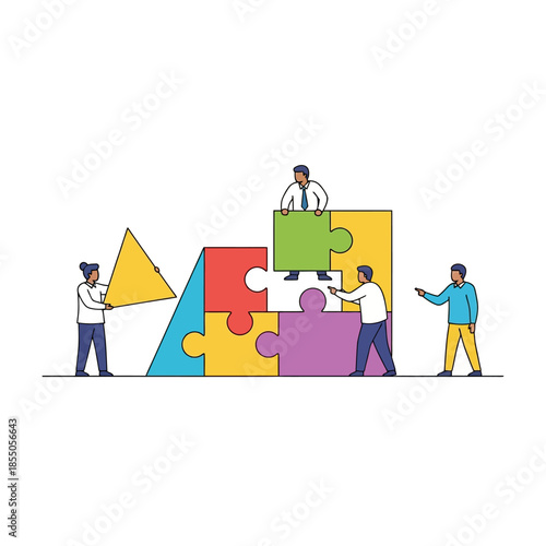 Three diverse business colleagues achieve synergy by assembling large geometric puzzle pieces, solving a complex problem in this seasonal pure flat vector illustration.