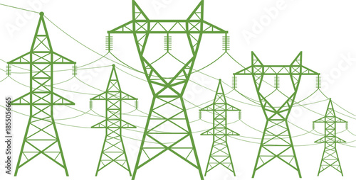 Electric power transmission towers illustration, high voltage pylons with overhead lines, energy grid infrastructure, black line art vector design