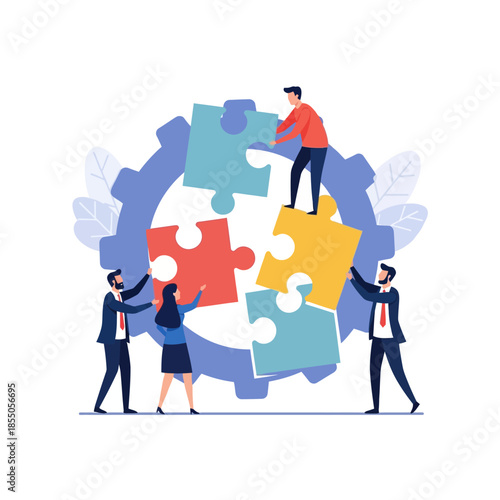 Three business professionals are connecting the final interlocking pieces of a gear-shaped puzzle, demonstrating seamless process integration and synergy in a pure flat 2D vector illustration.
